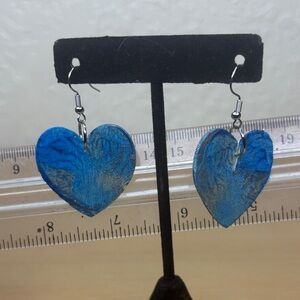 Blue Heart Drop Earrings with Silver Hooks